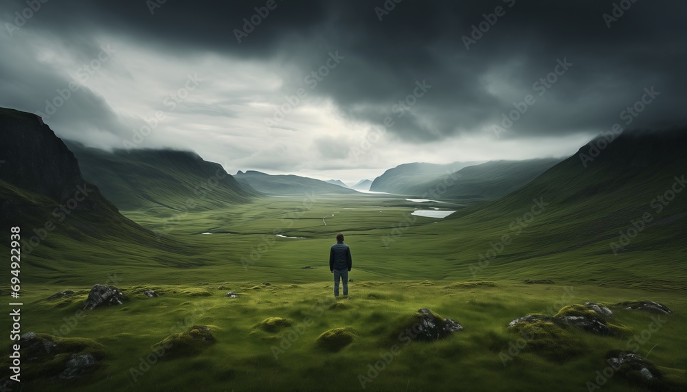 Scenery behind alone one man stand in the middle of the grass surrounded by highland landscape scenery and overcast sky.