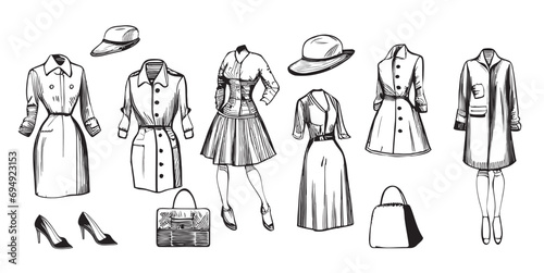Set of womens clothing sketch hand drawn in doodle style illustration