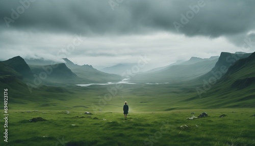 Scenery behind alone one woman stand in the middle of the grass surrounded by highland landscape scenery and overcast sky. photo