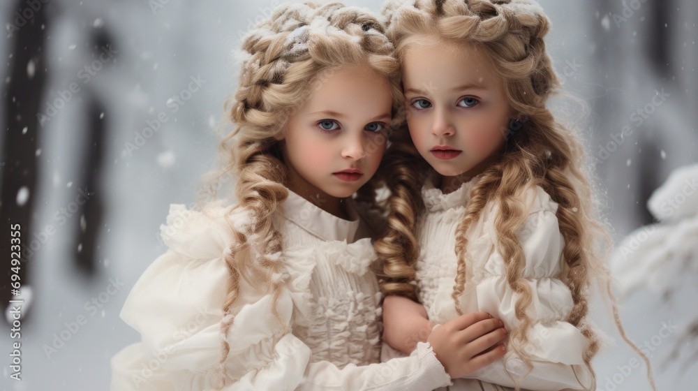Two little girls with braids are standing in the snow Two little girls with braids are standing in the snow