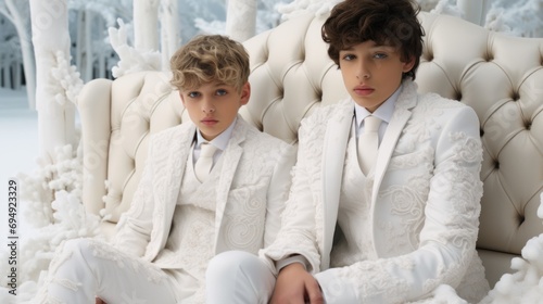 A couple of young boys sitting on top of a white couch