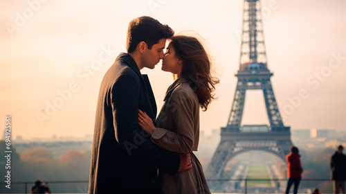 Happy young man and woman in love in Paris. Selective focus.