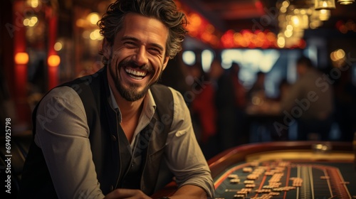 An man plays treasury with a smile on his face. Man at the gaming table