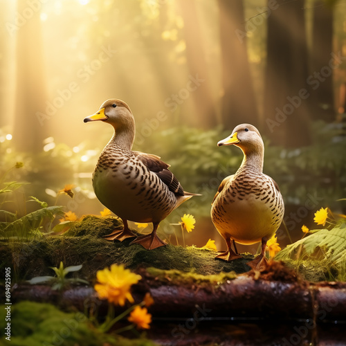 Dois patos marrons caminhando na floresta amarela durante o outono  - Papel de parede photo