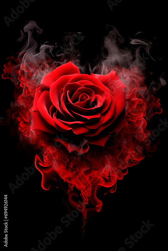 Red rose heart in smoke on a black background. Selective focus.