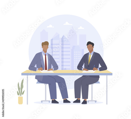 Two businessmen signing a contract sitting at a table. Business concept of successfully meeting, partnership