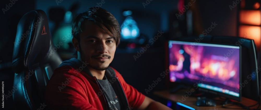 A young gamer immerses himself in a game on his computer. In a dark room illuminated by colorful lights and light from screens.