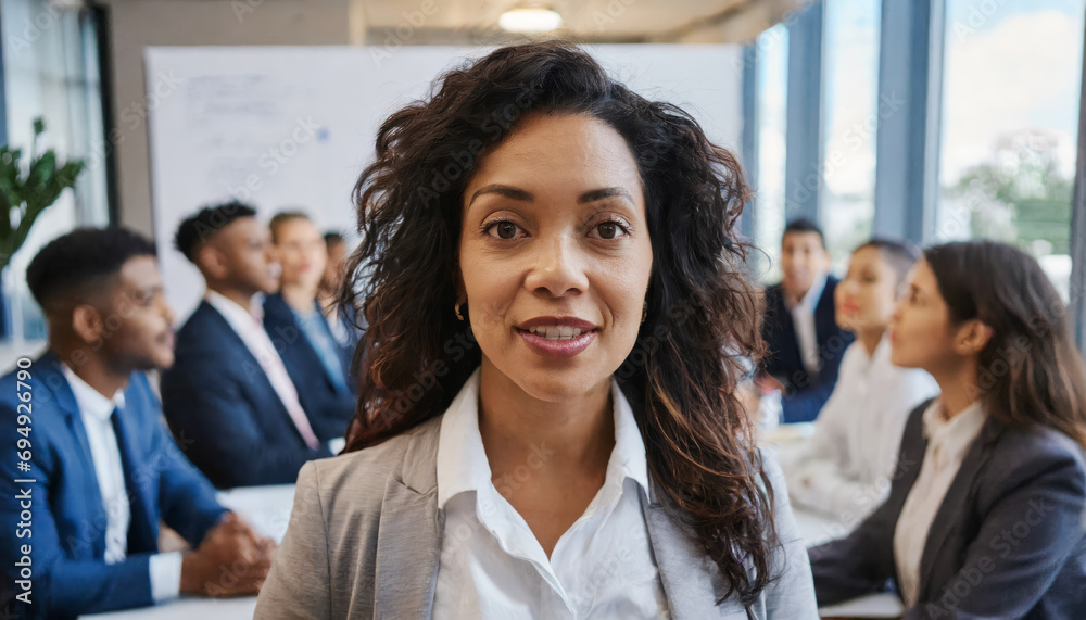 Fototapeta premium Confident Female Businesswoman Leading Successful Team in Office