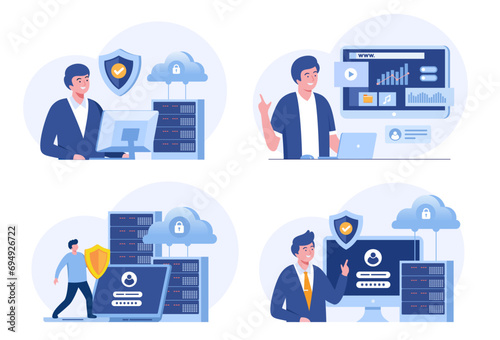 Cyber security, Data protection metaphors set. Database, cyber security, control, protection of computer services. Vector isolated concept illustrations