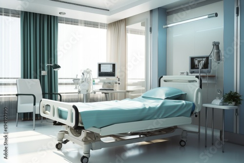 Hospital room with a bed, Comfortable medical Interior of an empty hospital room and Recovery Room with beds Ai generated