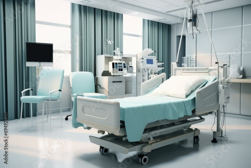 Hospital room with a bed  Comfortable medical Interior of an empty hospital room and Recovery Room with beds Ai generated