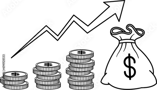Growing Stack of Dollar Coins for Coloring Page. Financial Growth Leading to Success. Growing Income Concept. Enlarging the Graphic Chart. Vector illustration