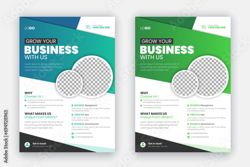 Corporate modern creative flyer set design, professional and business brochure template, leaflet, annual report, geometric layout with blue and green gradient color shapes for business promotion photo