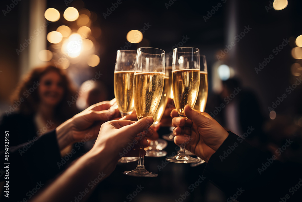 hands holding champagne glasses celebrating on a birthday party or new years eve