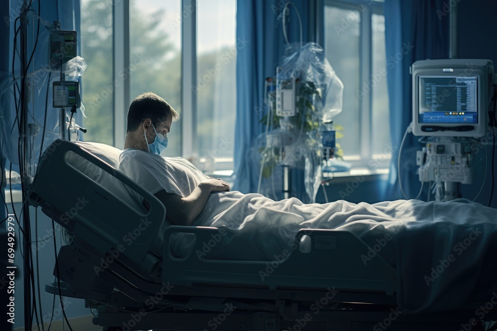 Patient with life saving equipment for treatment in ICU at the hospital, emergency health care hospital ward Ai generated Patient with life saving equipment for treatment in ICU at the hospital, emergency health care hospital ward Ai generated