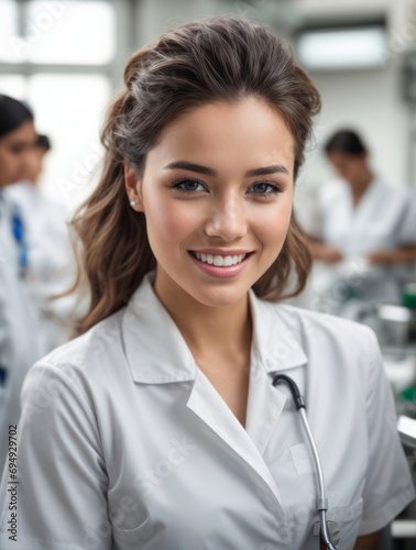 young beautiful nurse woman in the lab with people motion blur background
