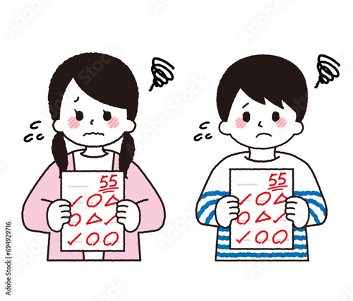 テストの結果。平均点または低い点数をとる学生。