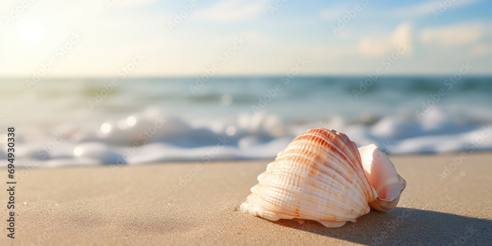 Close-up of a seashell with the beach softly focused in the back. - obrazy, fototapety, plakaty 