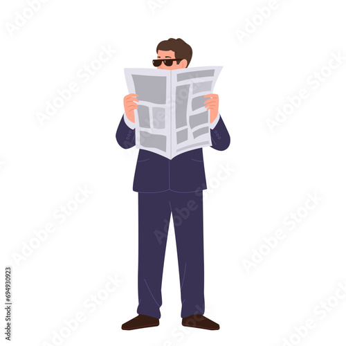 Super agent undercover flat cartoon character reading newspaper and spying on suspect criminal