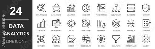 Data analytics icon collection. 24 Line icons for database, data processing, statistics, monitoring, analysis, digital analytics, etc.