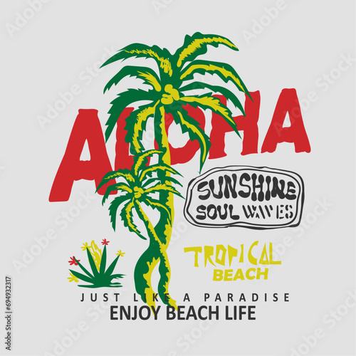 Palm tree with aloha Tropical Beach, spring summer typography text print, women's girls graphic tee for summer sunshine t-shirt or sweatshirt vintage retro print