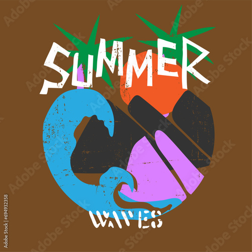 summer waves print design-vector, mountain, sun, wave, palm tree, tropical summer beach print t-shirt or sweatshirt -vector