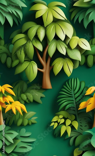 Tropical Trees and leaves wallpaper design for digital printing - 3D illustration, Generative AI