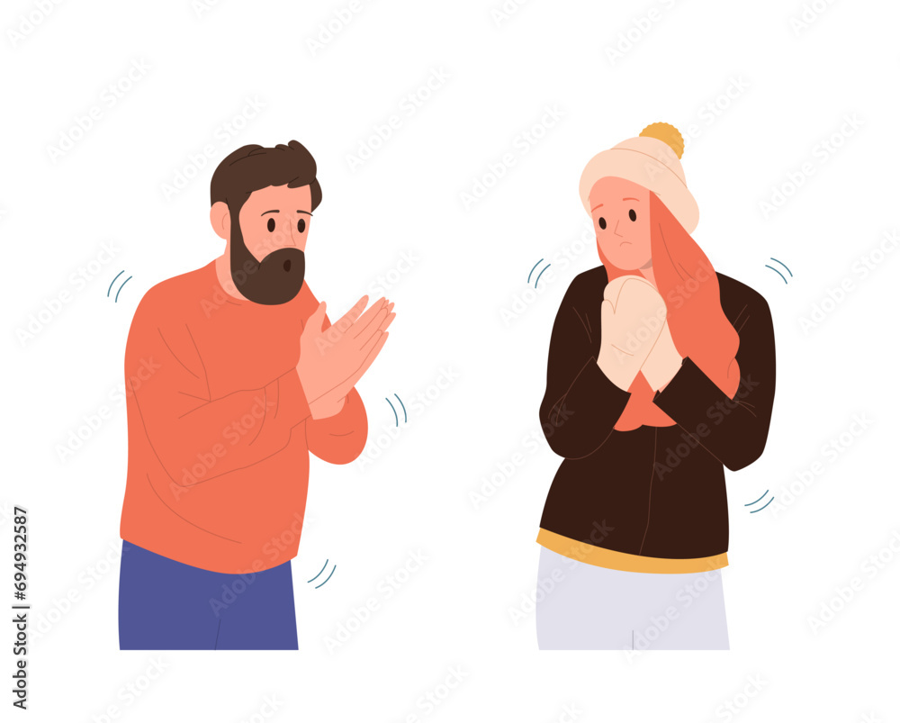 Man and woman trembling shaking body rubbing hands suffering from cold temperature isolated set Man and woman trembling shaking body rubbing hands suffering from cold temperature isolated set