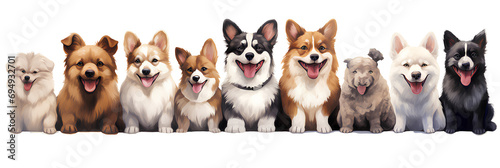 Group of dogs of various breeds smiling happily on transparent background PNG