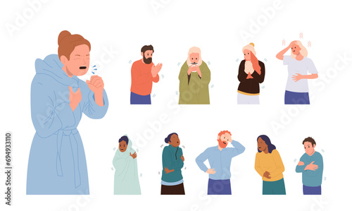 Sick people character having cold, suffer from stomach pain and nausea, fever, dizziness, coldness