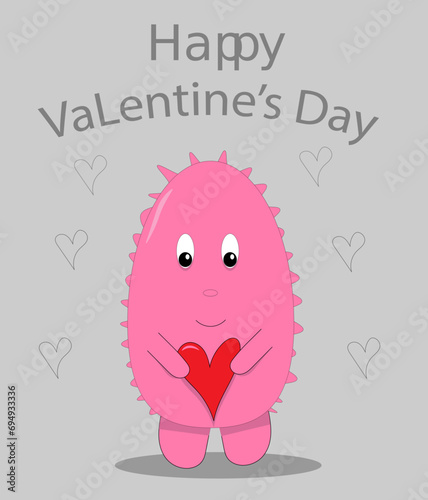 happy Valentine's day text and pink hedgehog with red heart on gray background