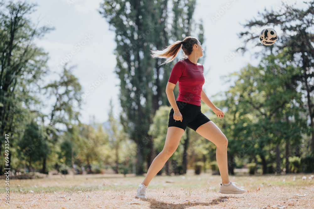 An athletic woman happily exercises outdoors, performing impressive freestyle football tricks with a soccer ball in a sunny park. An athletic woman happily exercises outdoors, performing impressive freestyle football tricks with a soccer ball in a sunny park.