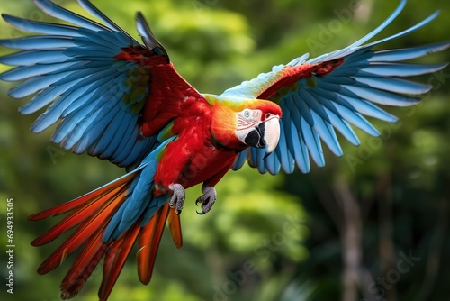 Flying macaw parrot, Colorful Amazon macaw parrot against jungle, Wildlife and rainforest exotic tropical birds Ai generated © Tanu