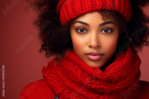 young pretty afroamerican woman wearing red knitted sweater, scarf and hat