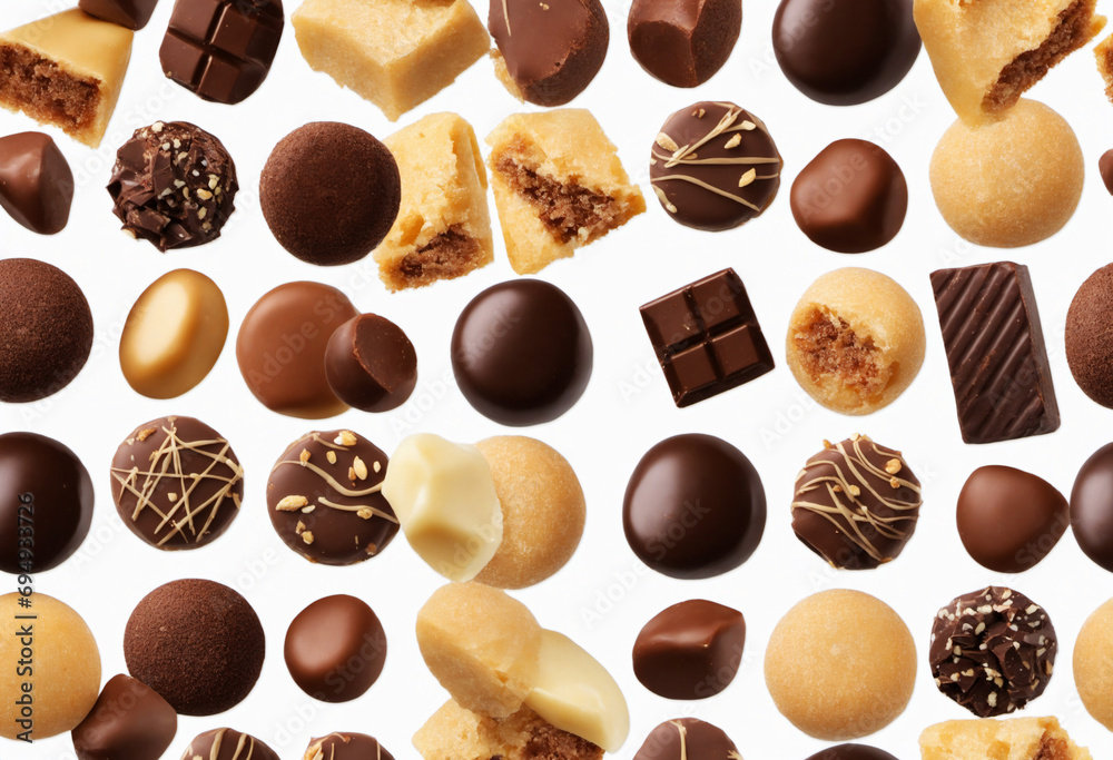 various chocolate pralines on white background various chocolate pralines on white background