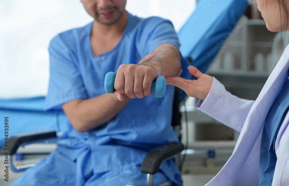 The doctor counsels the patient about pain in the muscles of the arms and elbows. office syndrome problem physical therapy diagnostic concept The doctor counsels the patient about pain in the muscles of the arms and elbows. office syndrome problem physical therapy diagnostic concept