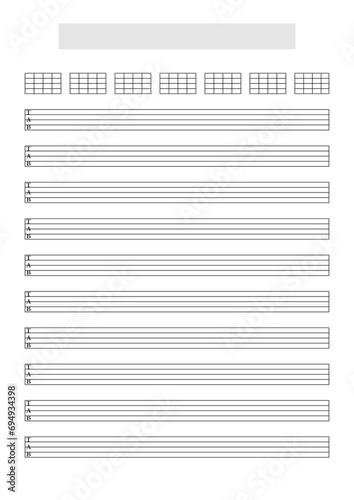 Blank Bass Guitar or Ukulele (5 strings) tablature sheet template with chords blocks to write music. A4 format in portrait mode with a song title and artist name block at the top photo