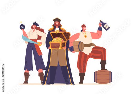 Fierce Pirate Crew Male and Female Characters With Ragged Attire, Chest with Gold, Bomb, Rum, And Swords, Vector