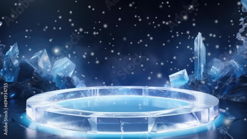 Animated mockup, transparent ice stage, snow falling on podium with ice crystals, dark blue and white colors on dark abstract background