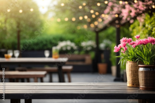 Wood table on blur of cafe, coffee shop, bar or restaurant background - can used for display or montage your products