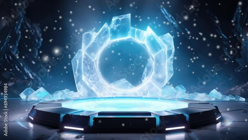 Animated mockup, transparent ice stage, snow falling on podium with ice ring, dark blue and white colors on dark abstract background photo