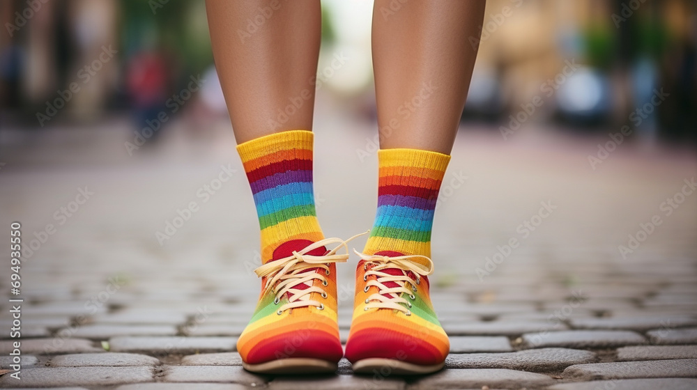 Female legs in lgbt rainbow socks standing on a footpath
