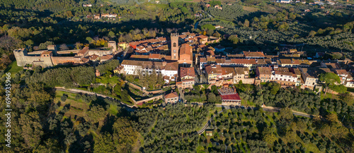 Panoramic aerial view with drone of the city of Montecarlo province of Lucca Tuscany Italy