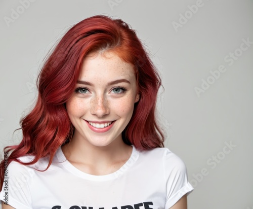 Closeup of happy attractive young woman with long wavy red hair and freckles 