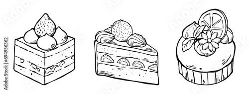 Beautiful strawberry cake line drawing set. Doodle line art illustration. Coloring pages images. Vector illustration isolated on white background.