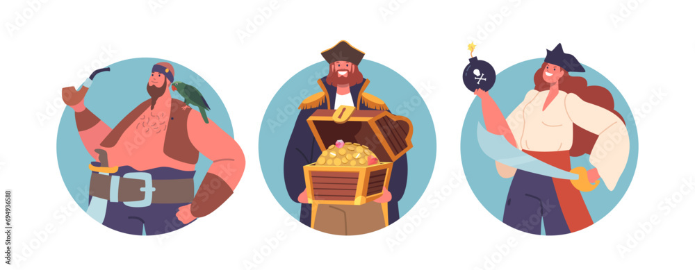 Fototapeta premium Isolated Vector Round Or Avatars With Cartoon Pirate Crew Male And Female Characters With Ragged Attire, Chest