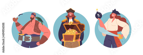 Isolated Vector Round Or Avatars With Cartoon Pirate Crew Male And Female Characters With Ragged Attire, Chest