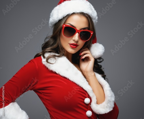 Beautiful sexy girl wearing santa claus clothes and sunglasses.