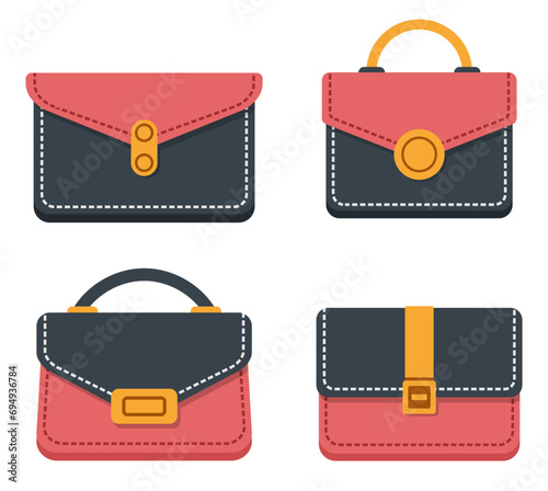 Women bags and clutches set. Feminine handbag or flap clutch. Modern trendy accessories, textile or leather handbags, fashion collection for girls, female bags icon. Vector illustration