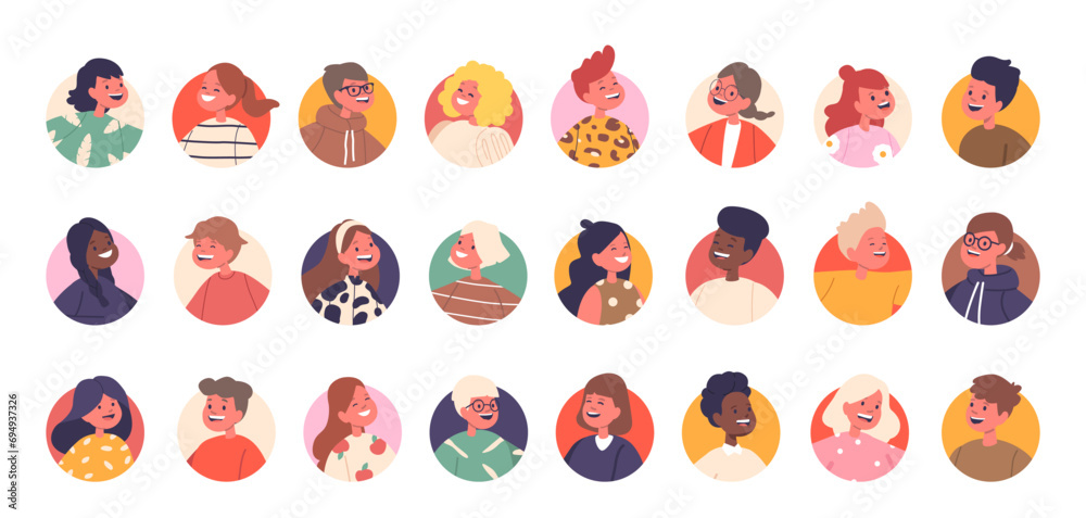 Fototapeta premium Joyful Children Avatars With Radiant Smiles, Sparkling Eyes, Vibrant Outfits Radiate Happiness, Vector Set